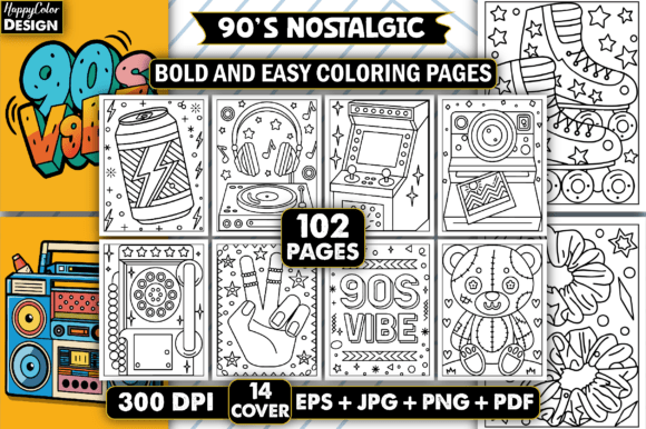 90s Nostalgic Bold Easy Coloring Book